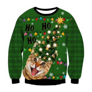 Christmas Tree Cat Print Crew Neck Ugly Christmas Sweatshirt - Grishko.com
