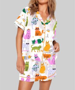 Colorful Cat Art Print Short Sleeve Pajama Set