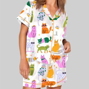 Colorful Cat Art Print Short Sleeve Pajama Set