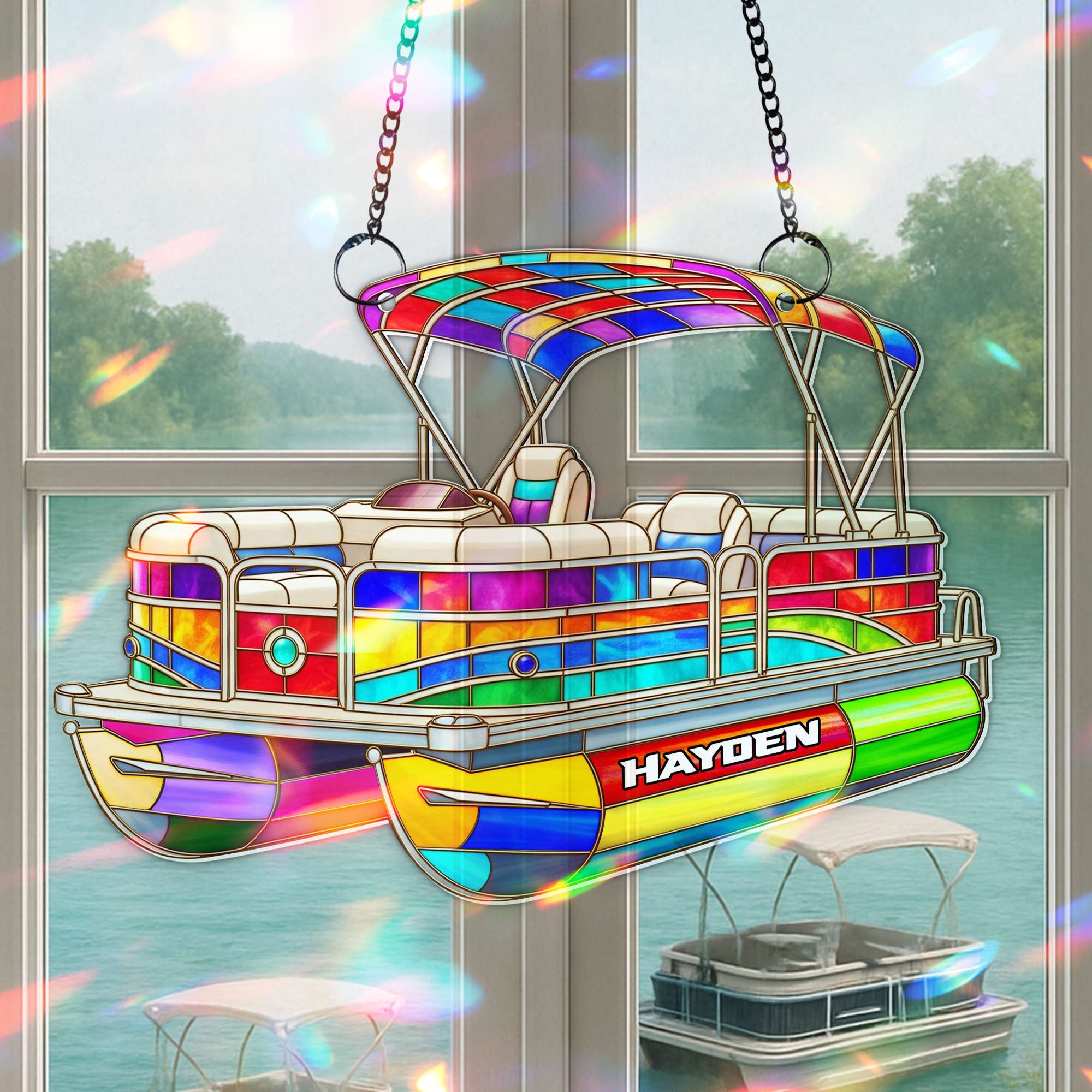 Colorful Pontoon Boat Suncatcher - Personalized Christmas Gifts For Pontoon Lovers 03PGLU280725