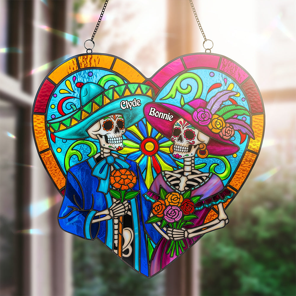 Alternative view of Colorful Skull Couple Suncatcher - Personalized Gifts For Couple 03pata090825