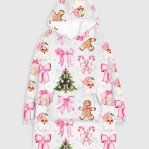 Coquette Christmas Candy Cane Pink Bows Santa Christmas Tree Flannel Blanket Hoodie