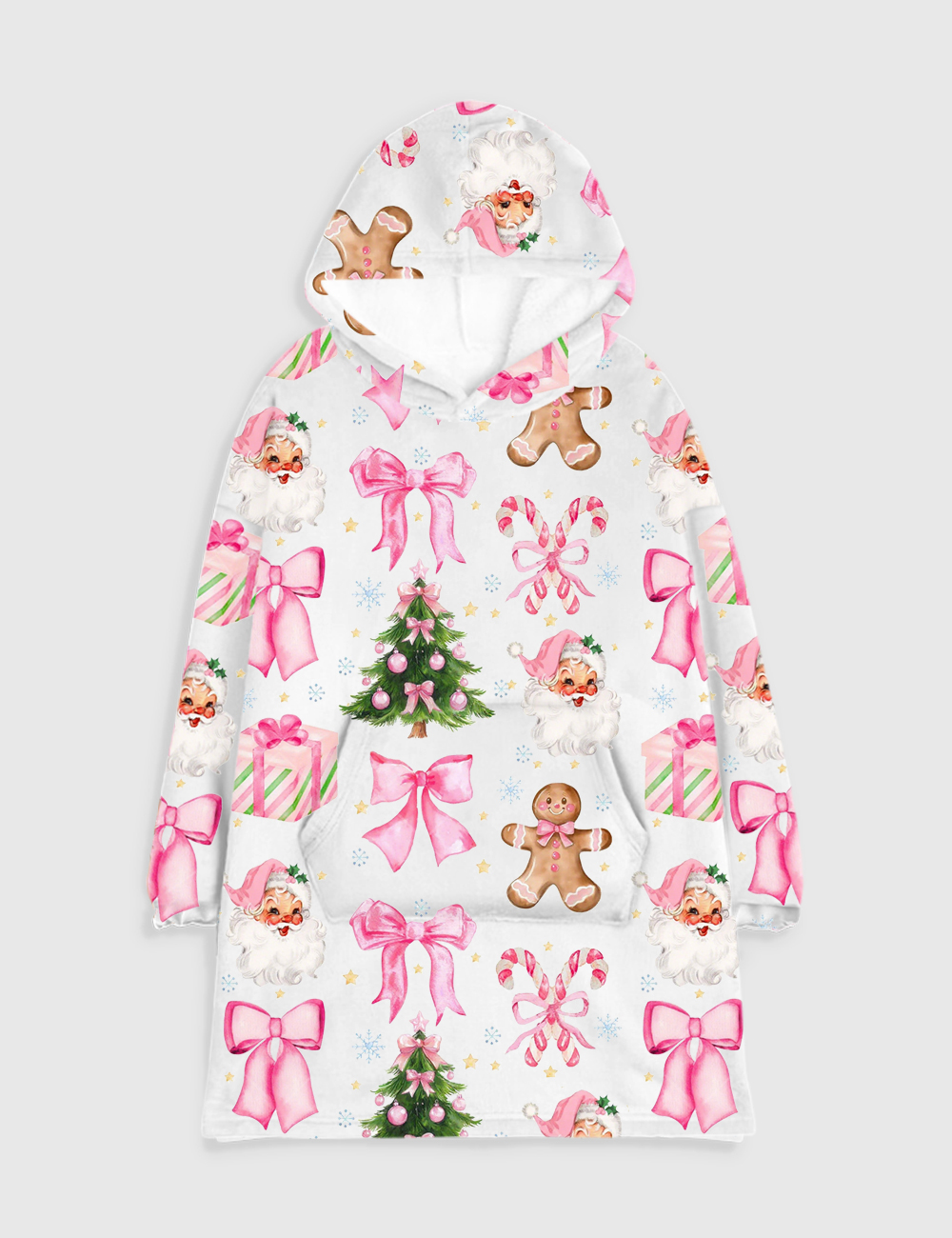 Coquette Christmas Candy Cane Pink Bows Santa Christmas Tree Flannel Blanket Hoodie
