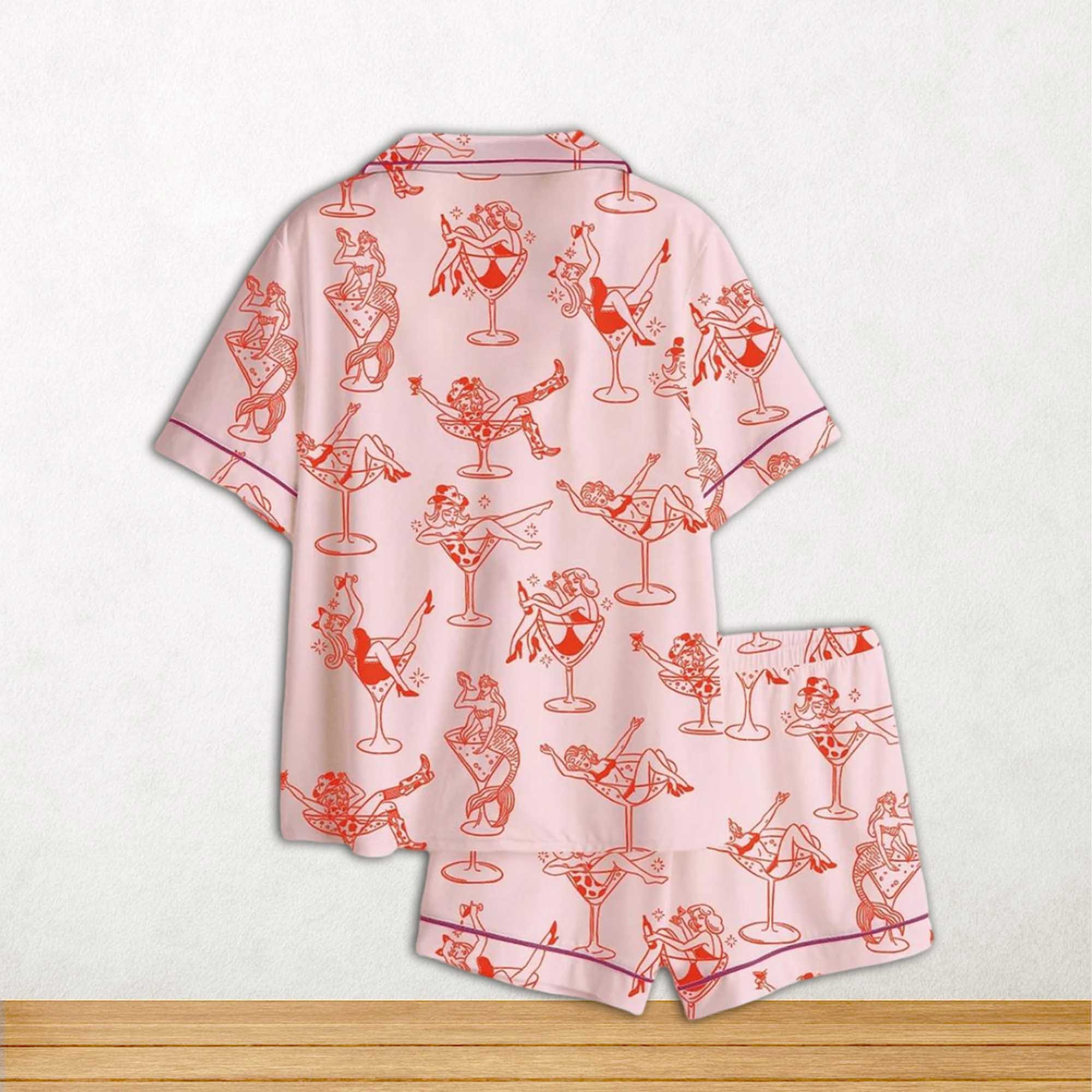 Alternative view of Cowgirl Girl Woman In Martini Glass Mermaid Catgirl In Glass Short Sleeve Satin Pajama Set For Women