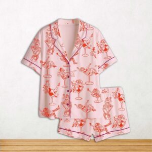 Cowgirl Girl Woman In Martini Glass Mermaid Catgirl In Glass Short Sleeve Satin Pajama Set For Women