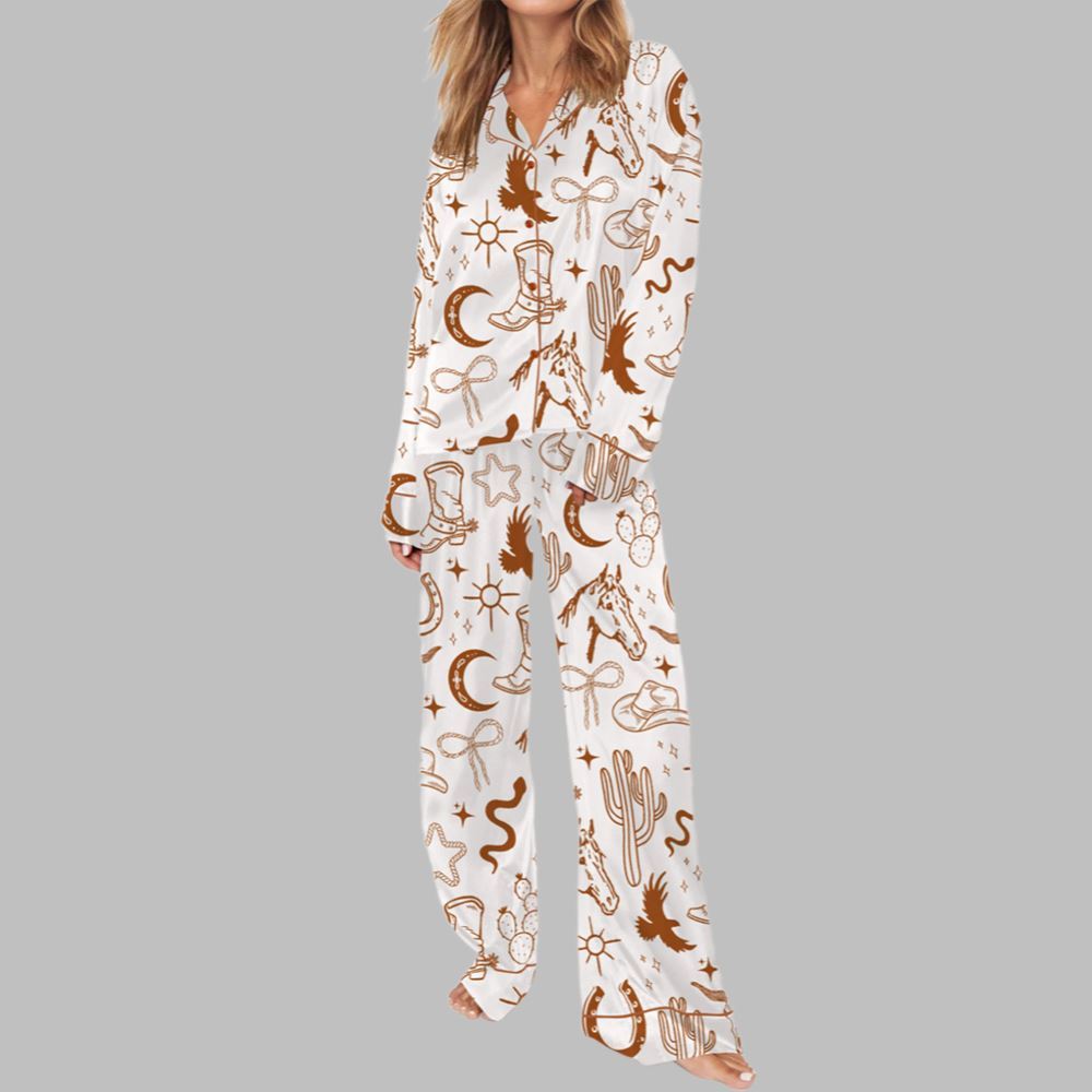Cowgirl Theme Tan Pajama Set For Women - Image 3
