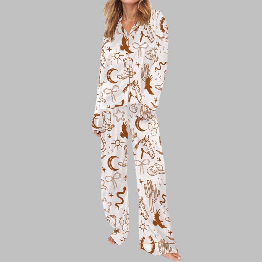 Cowgirl Theme Tan Pajama Set For Women - Image 3