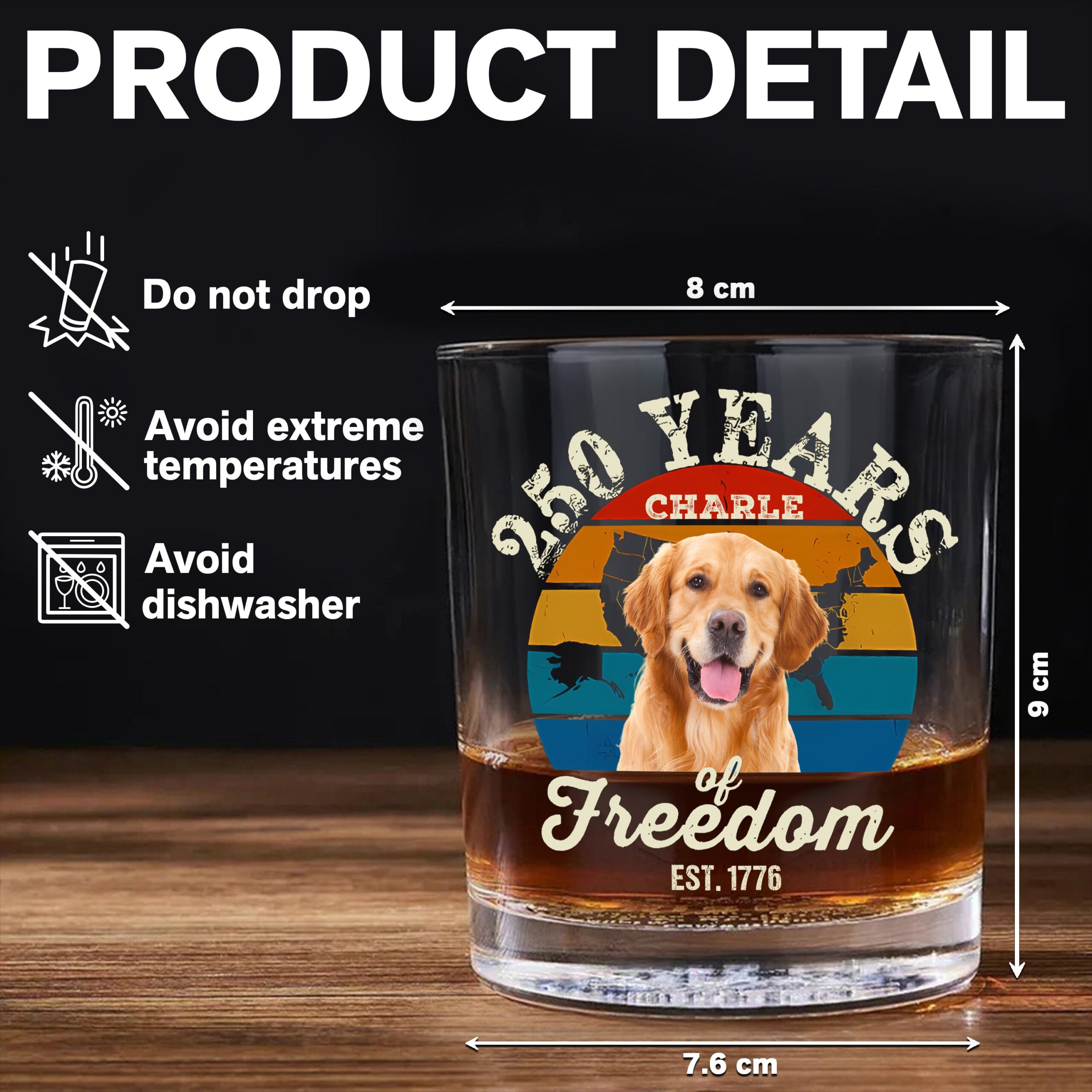Custom Dog Photo 250 Years of Freedom EST. 1776 Whiskey Glass - Image 7
