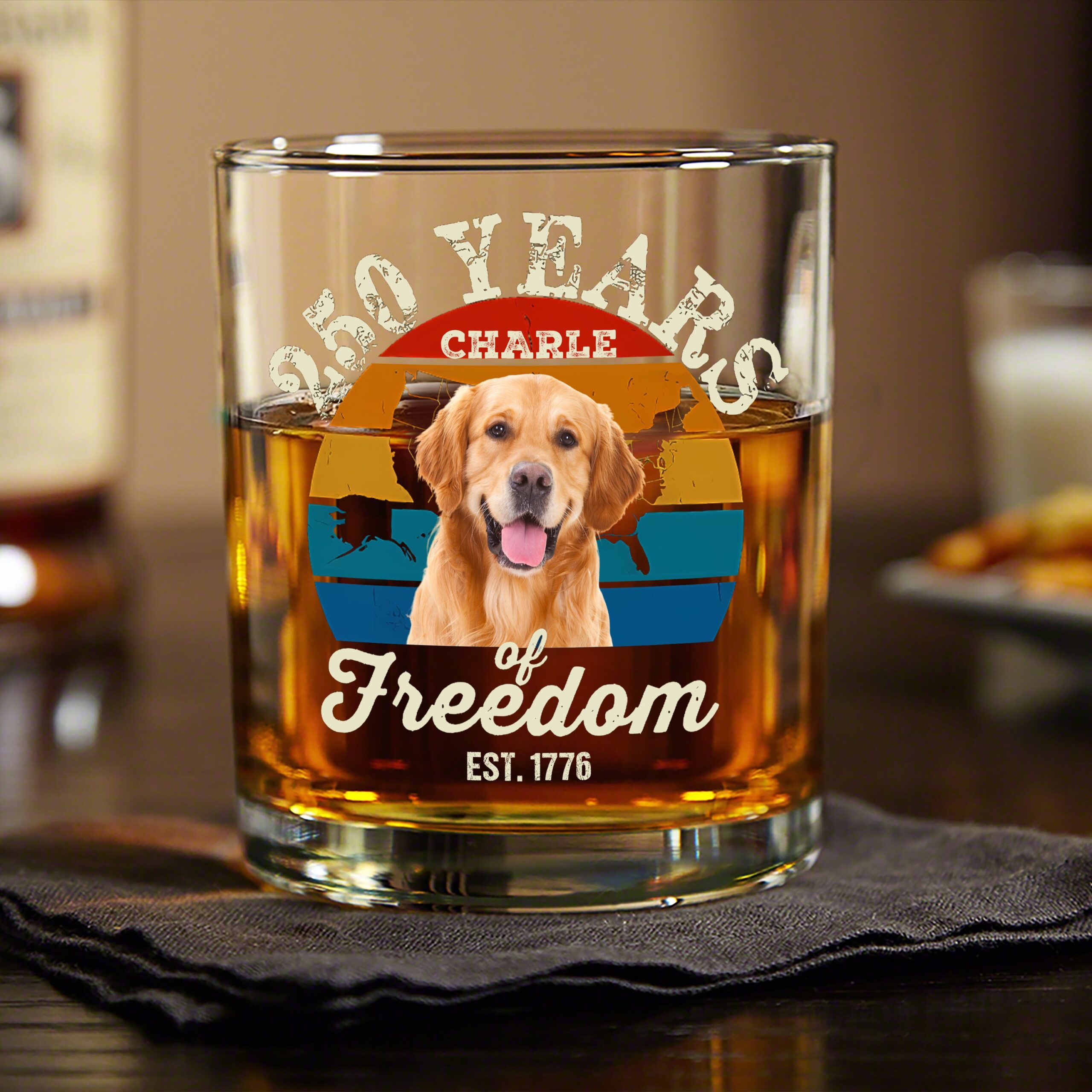 Custom Dog Photo 250 Years of Freedom EST. 1776 Whiskey Glass - Image 9