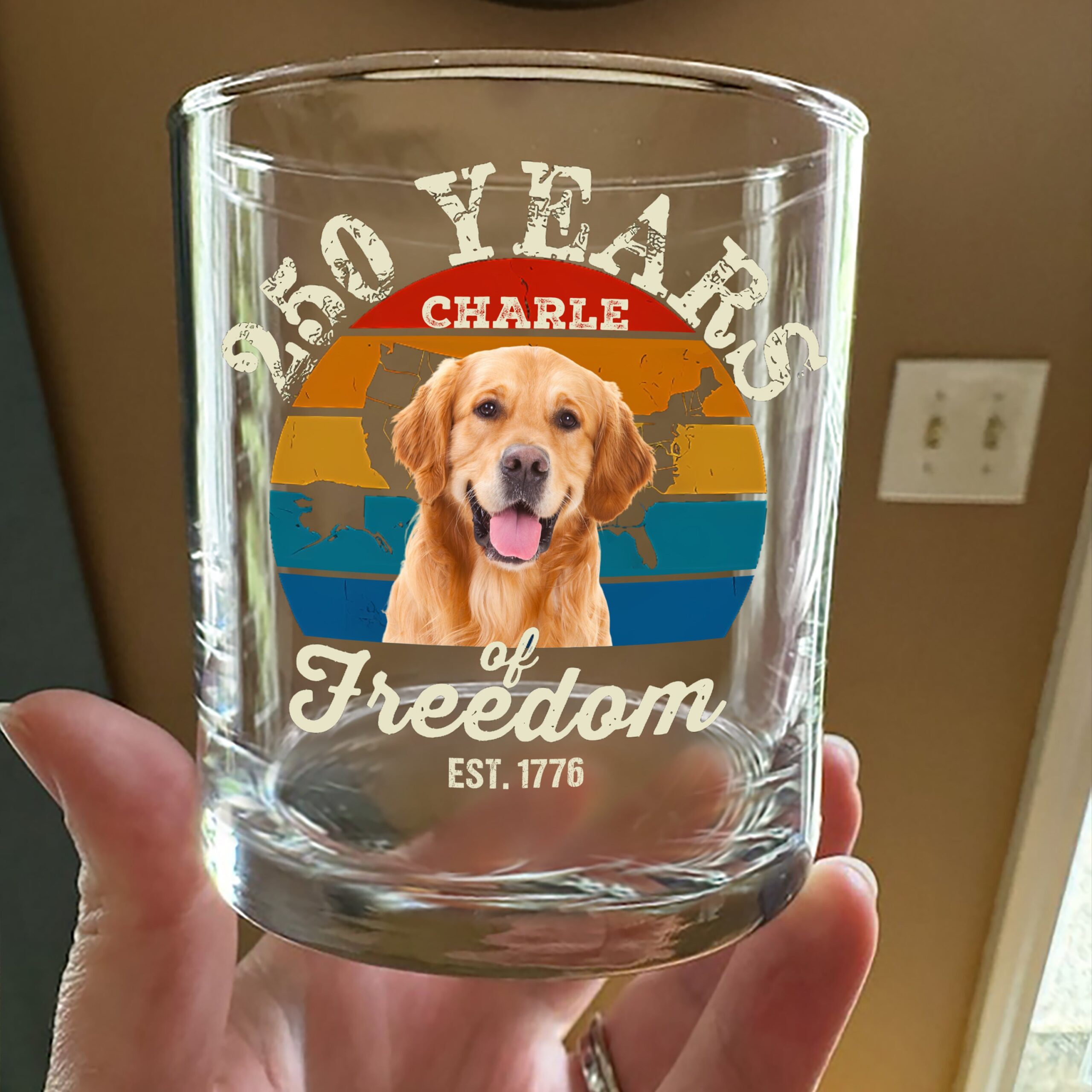 Custom Dog Photo 250 Years of Freedom EST. 1776 Whiskey Glass - Image 10
