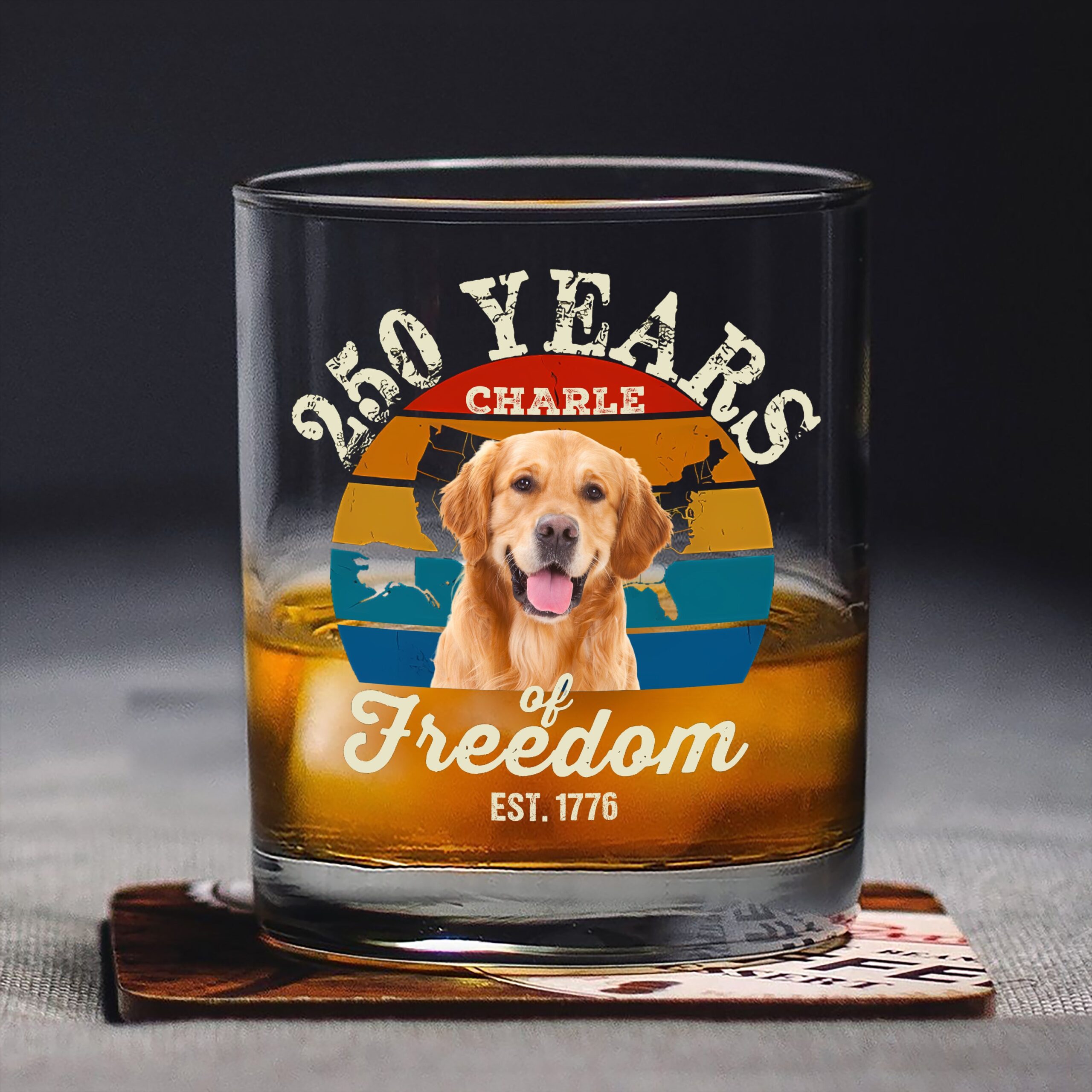 Custom Dog Photo 250 Years of Freedom EST. 1776 Whiskey Glass - Image 8