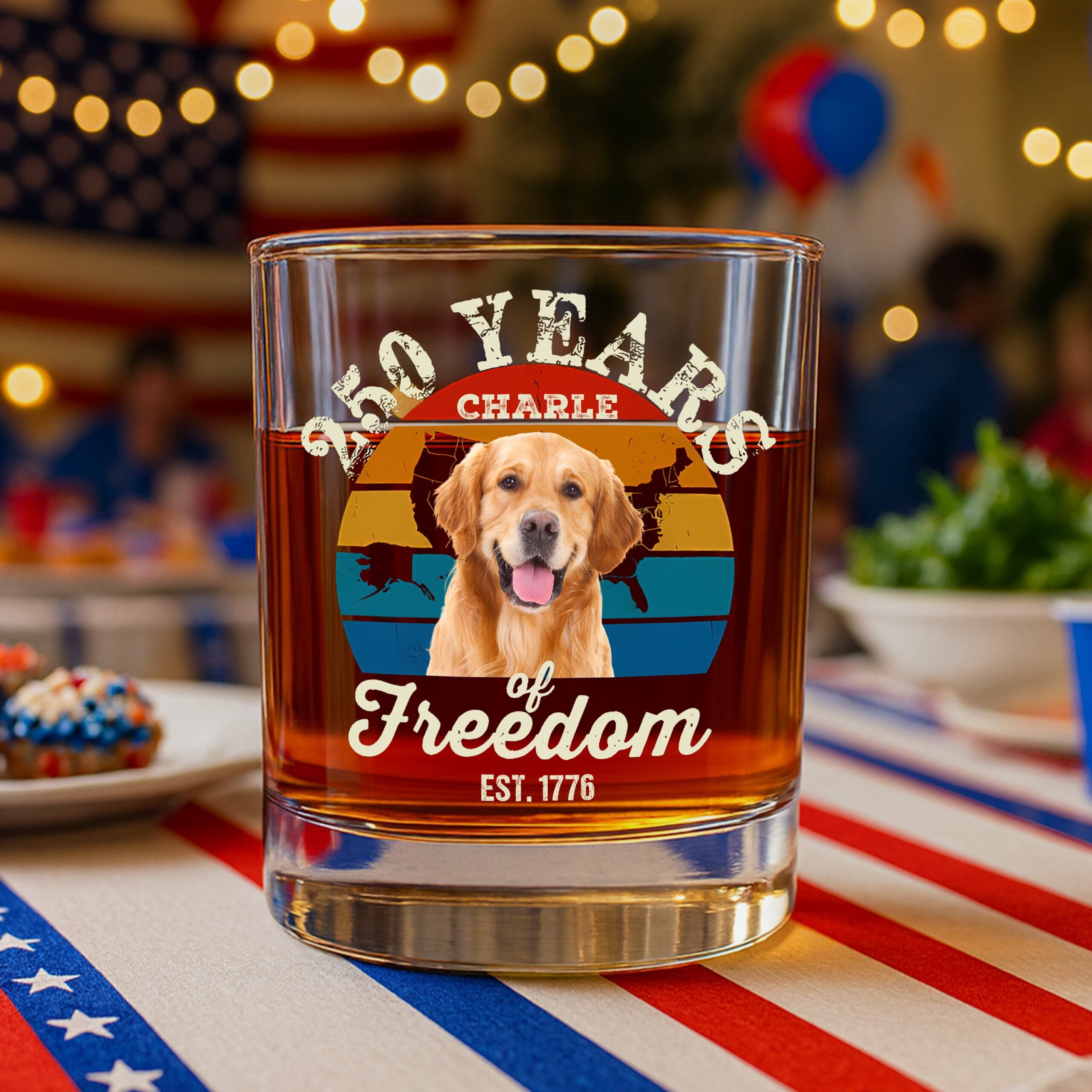 Custom Dog Photo 250 Years of Freedom EST. 1776 Whiskey Glass - Image 4