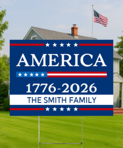 Alternative view of Custom Family Name America 1776 - 2026 Garden Yard Sign