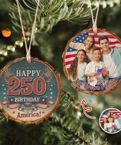 Custom Family Photo Happy 250 Birthday America Wood Slice Ornament