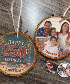 Alternative view of Custom Family Photo Happy 250 Birthday America Wood Slice Ornament
