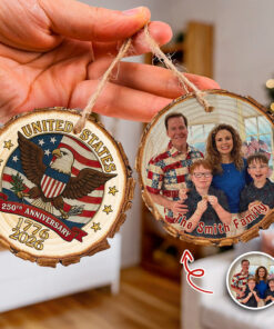 Alternative view of Custom Family Photo USA 250th Anniversary Eagle USA Flag Wood Slice Ornament