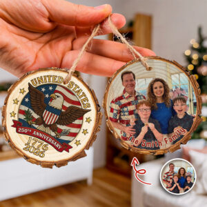Alternative view of Custom Family Photo USA 250th Anniversary Eagle USA Flag Wood Slice Ornament HO82 900124