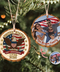 Custom Family Photo USA 250th Anniversary Eagle USA Flag Wood Slice Ornament