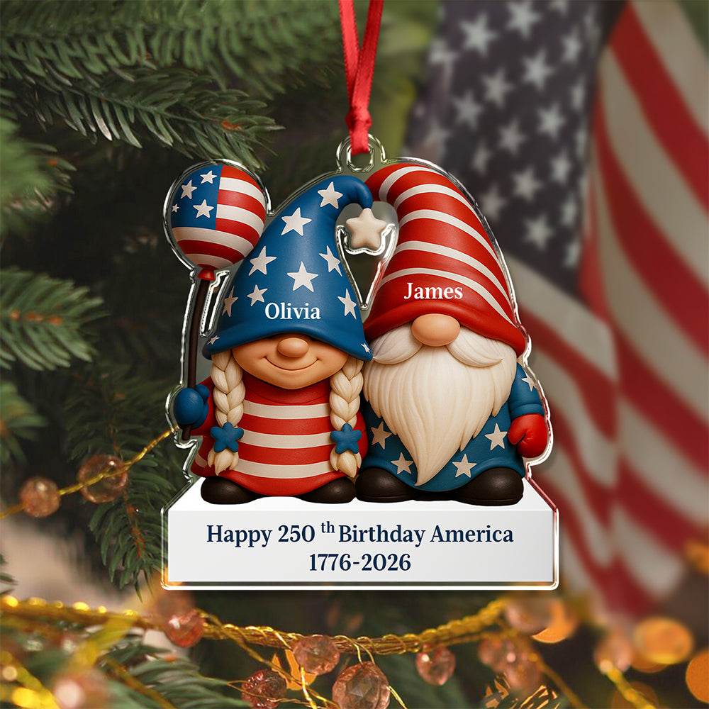 Custom Gnome Couple Happy 250th Anniversary American Acrylic Ornament - Image 3