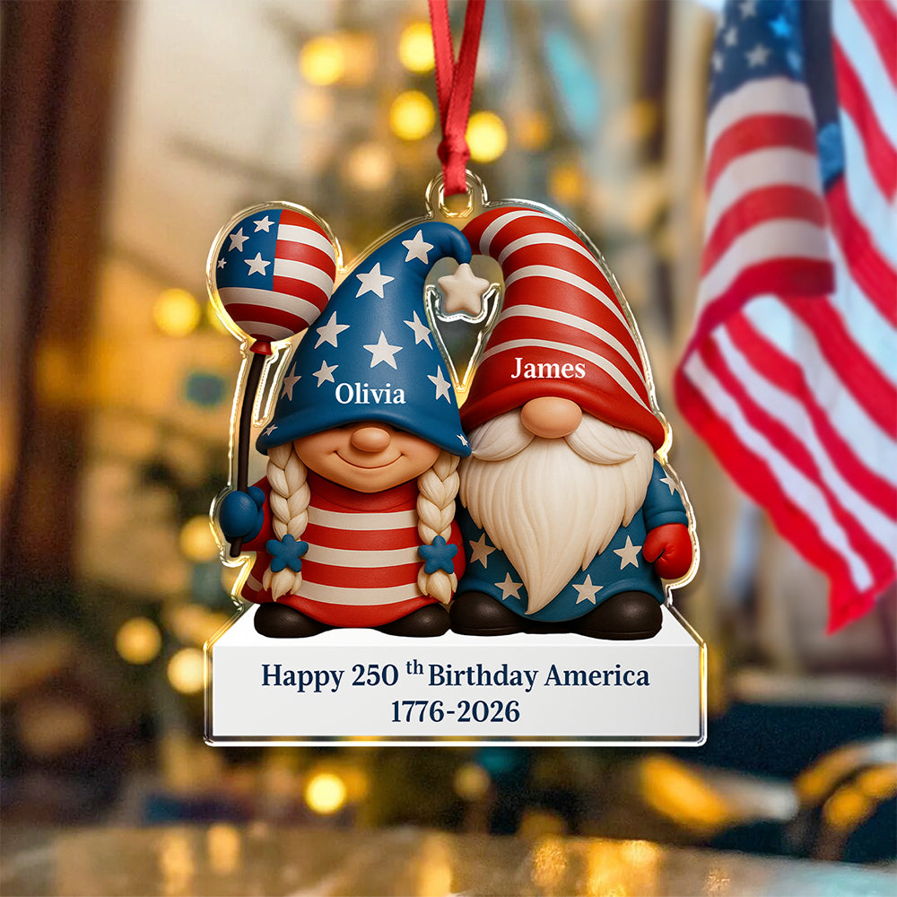 Custom Gnome Couple Happy 250th Anniversary American Acrylic Ornament - Image 4