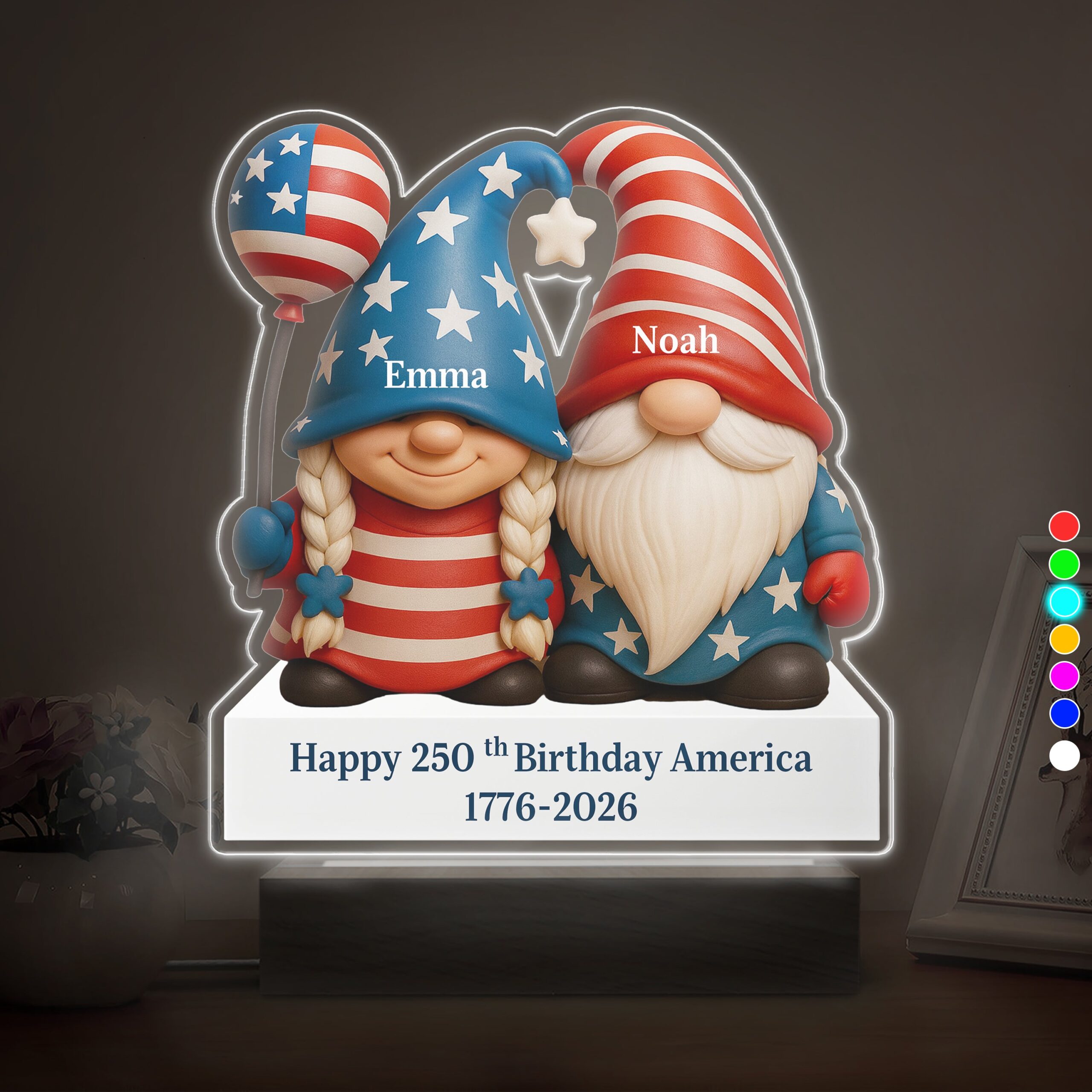 Custom Gnome Couple Happy 250th Anniversary American LED Night Light Plaque - Image 8