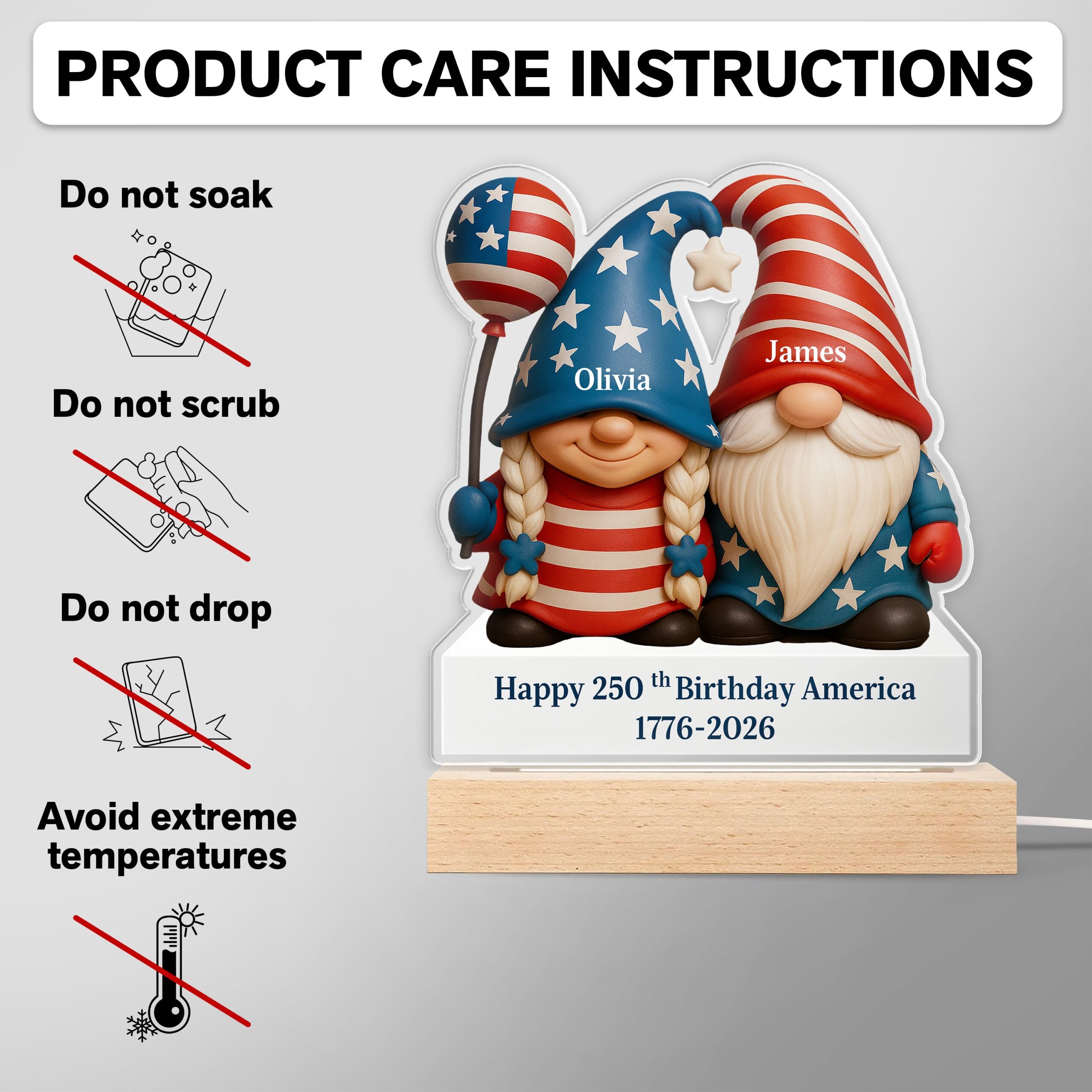 Custom Gnome Couple Happy 250th Anniversary American LED Night Light Plaque - Image 7