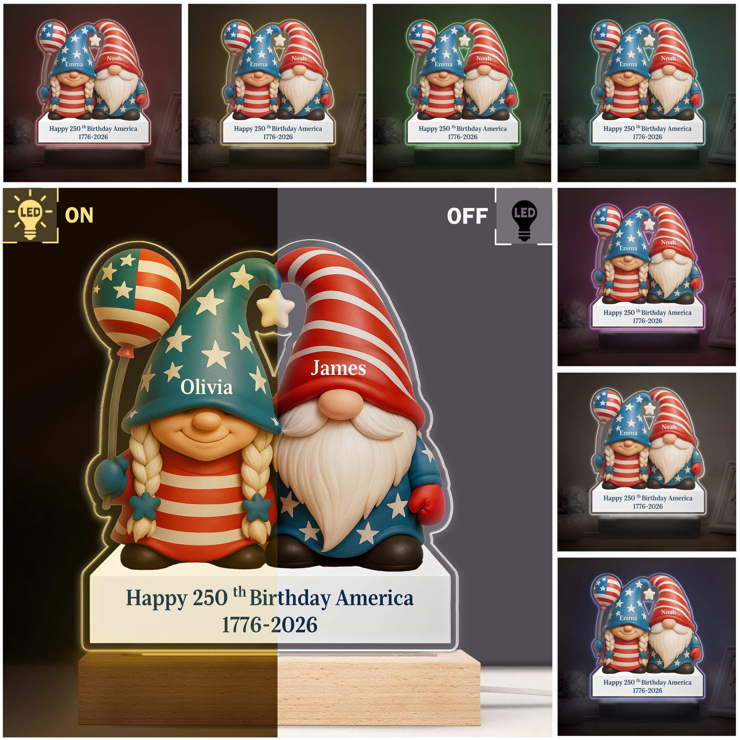 Custom Gnome Couple Happy 250th Anniversary American LED Night Light Plaque - Image 5