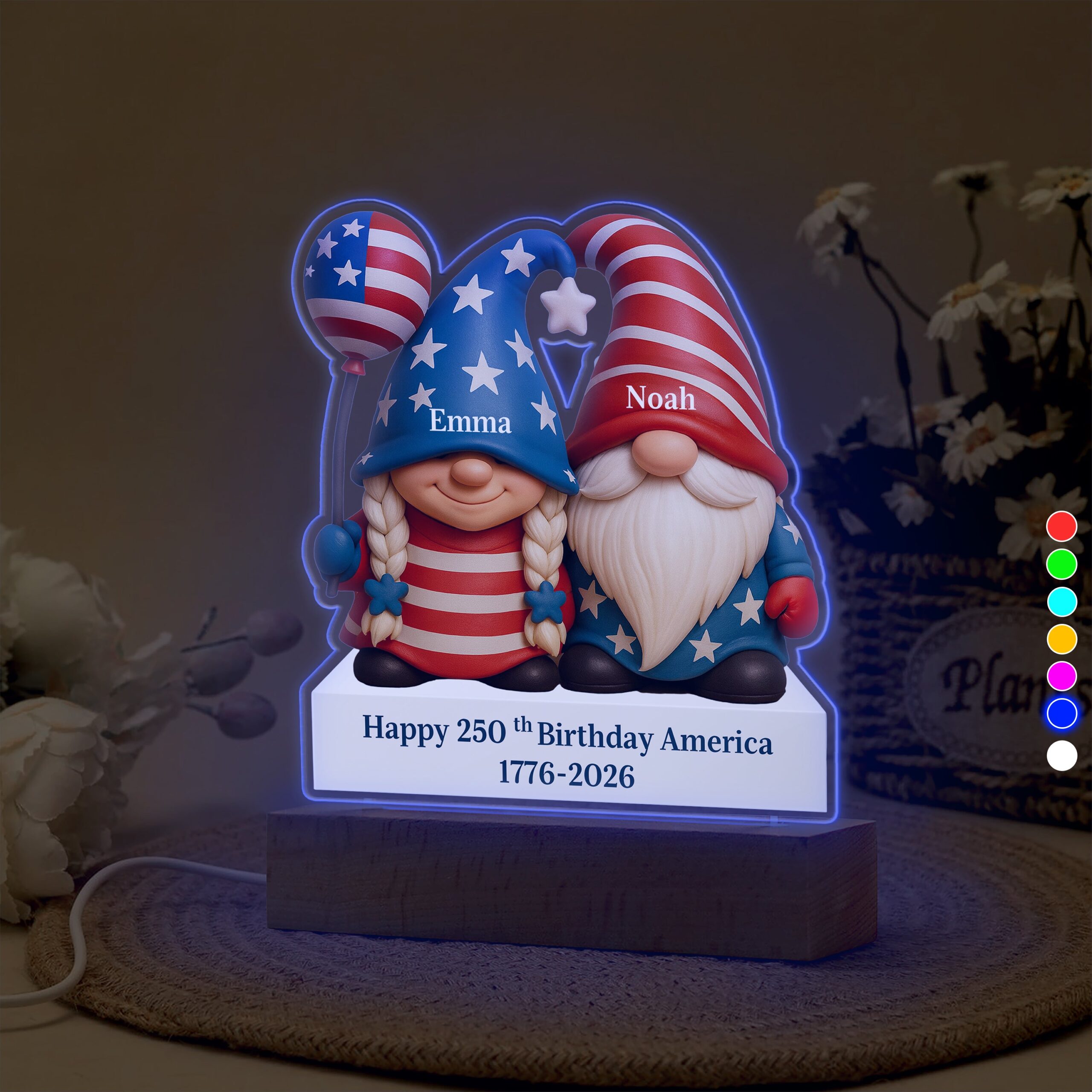 Custom Gnome Couple Happy 250th Anniversary American LED Night Light Plaque - Image 2