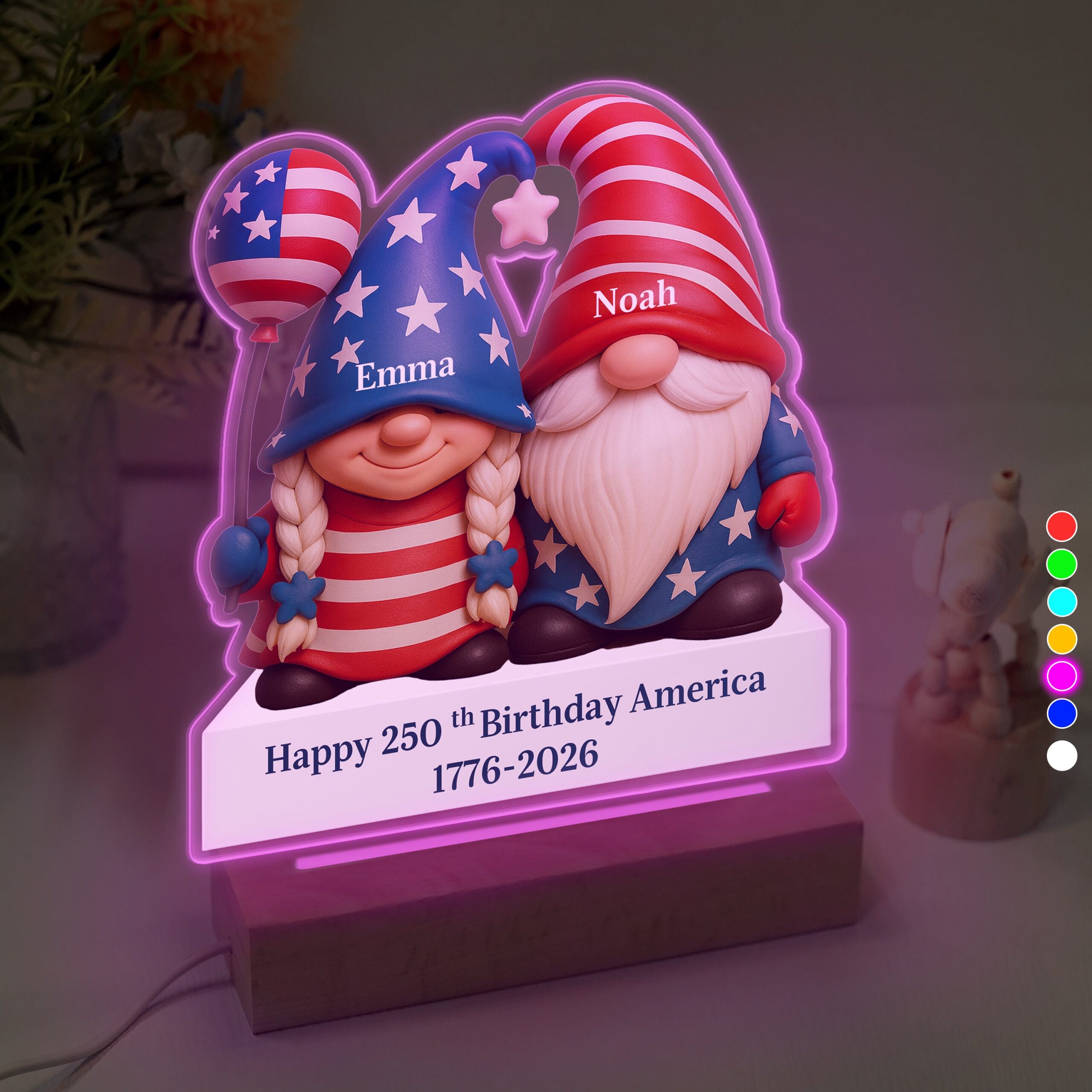 Custom Gnome Couple Happy 250th Anniversary American LED Night Light Plaque - Image 3