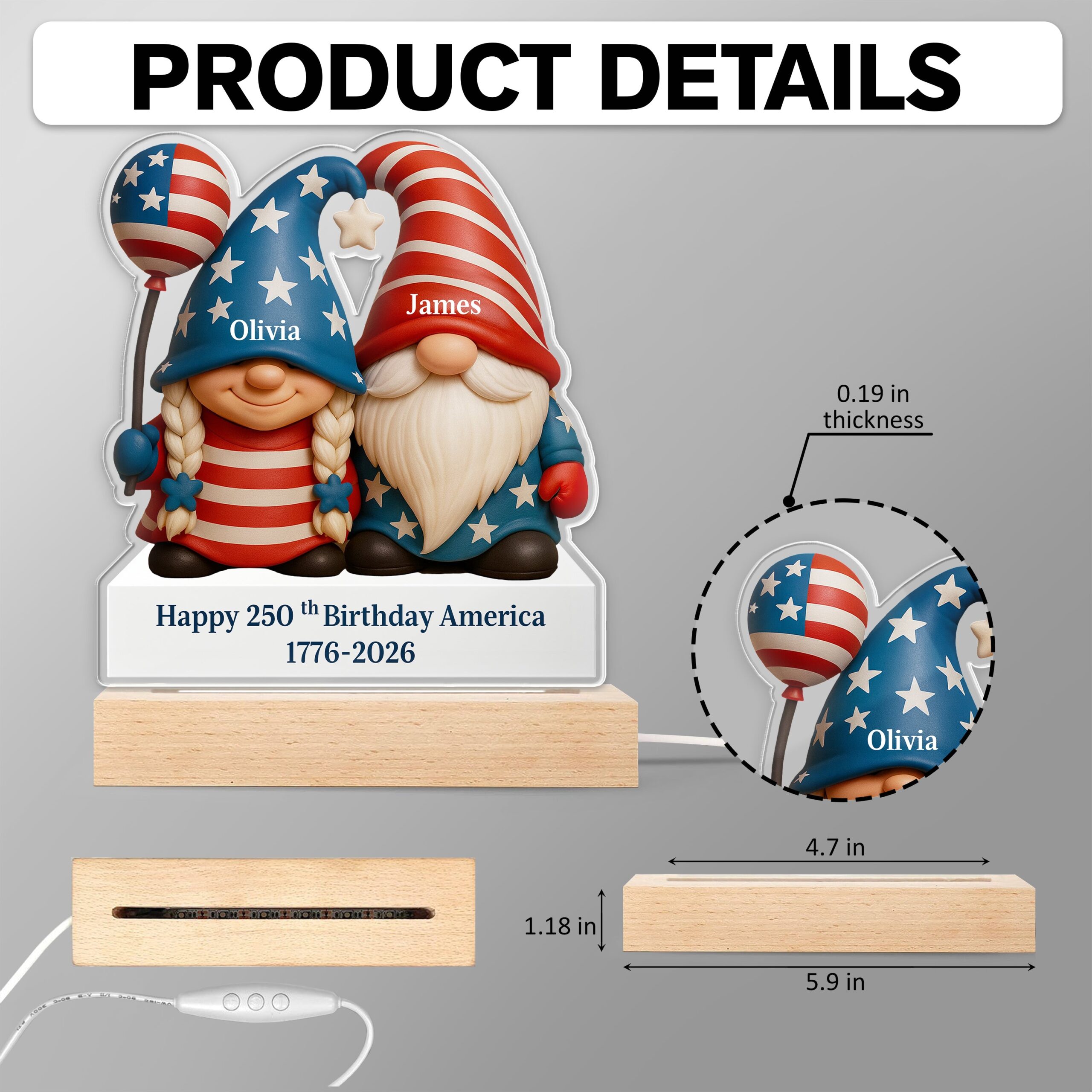Custom Gnome Couple Happy 250th Anniversary American LED Night Light Plaque - Image 6