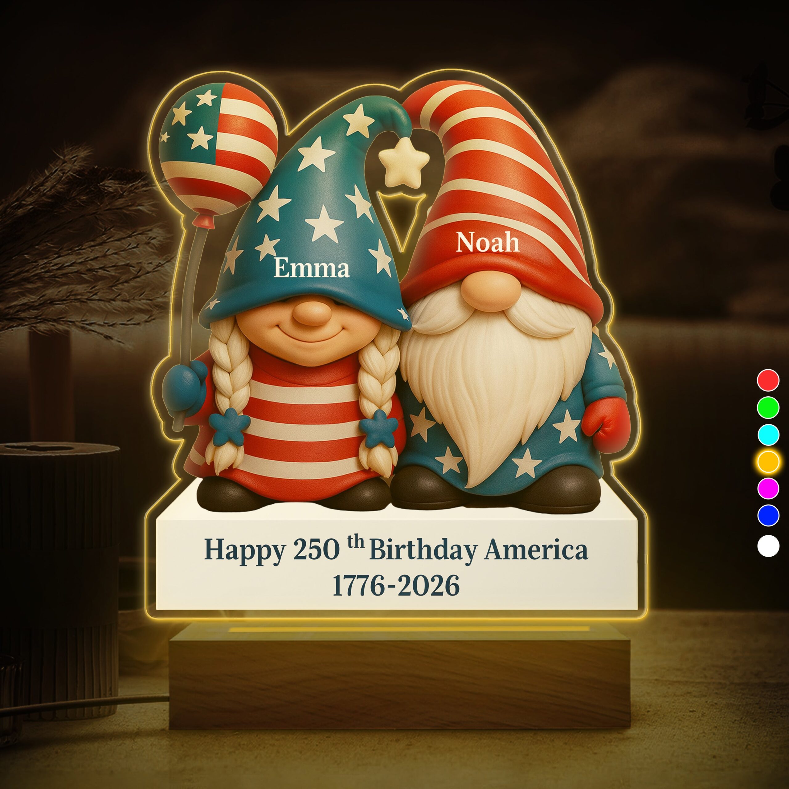Custom Gnome Couple Happy 250th Anniversary American LED Night Light Plaque