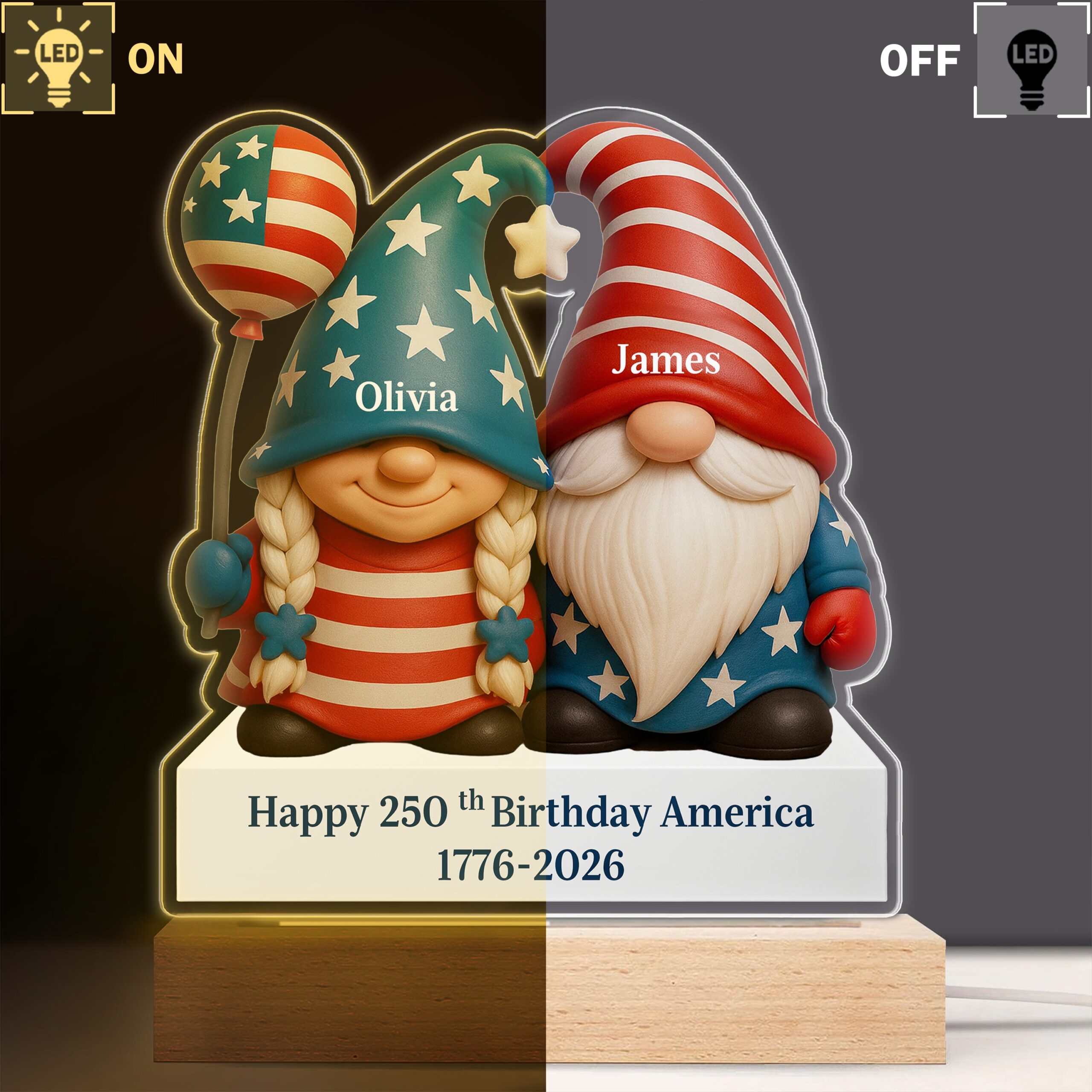 Custom Gnome Couple Happy 250th Anniversary American LED Night Light Plaque - Image 4
