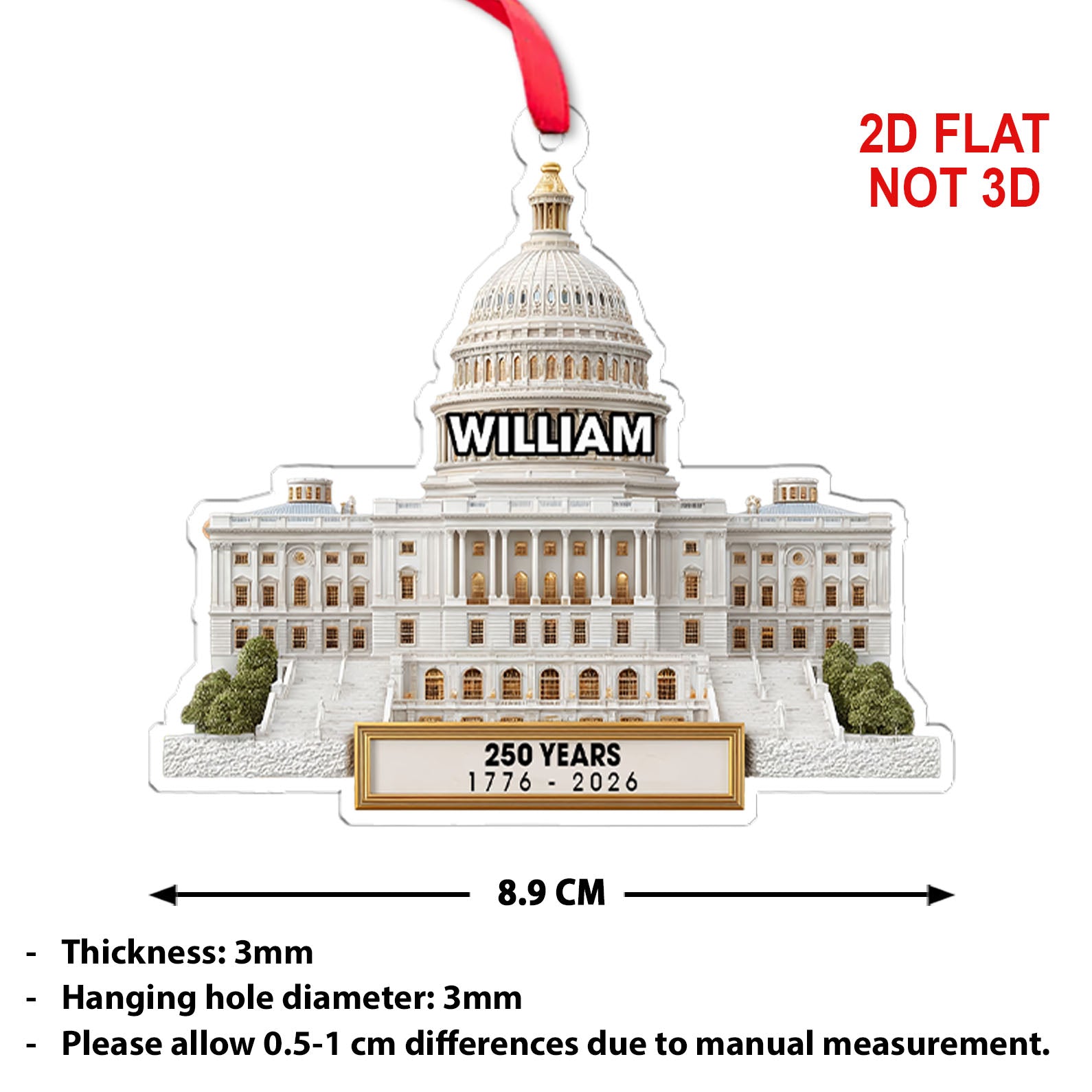 Custom Name 250 Years 1776-2026 Acrylic Ornament | Patriotic 4th of July Christmas Ornament 683540 - Image 3