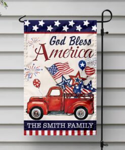 Custom Name God Bless America Patriotic Red Truck Garden Flag