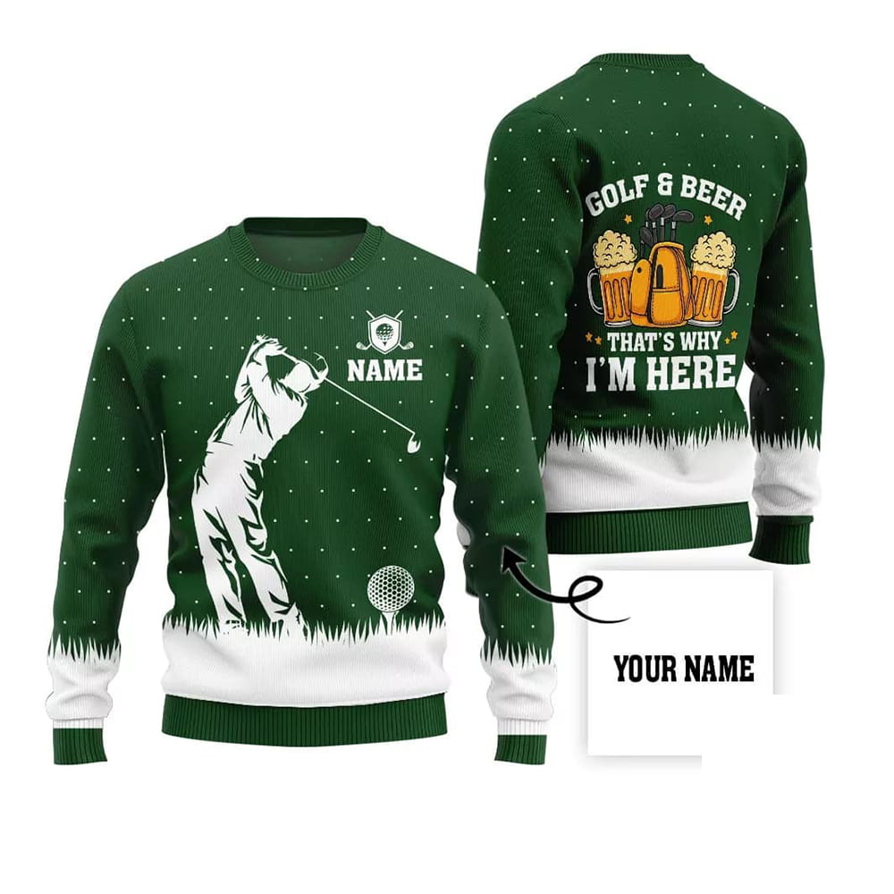 Alternative view of Custom Name Golf And Beer That's Why I'm Here Ugly Xmas Sweater