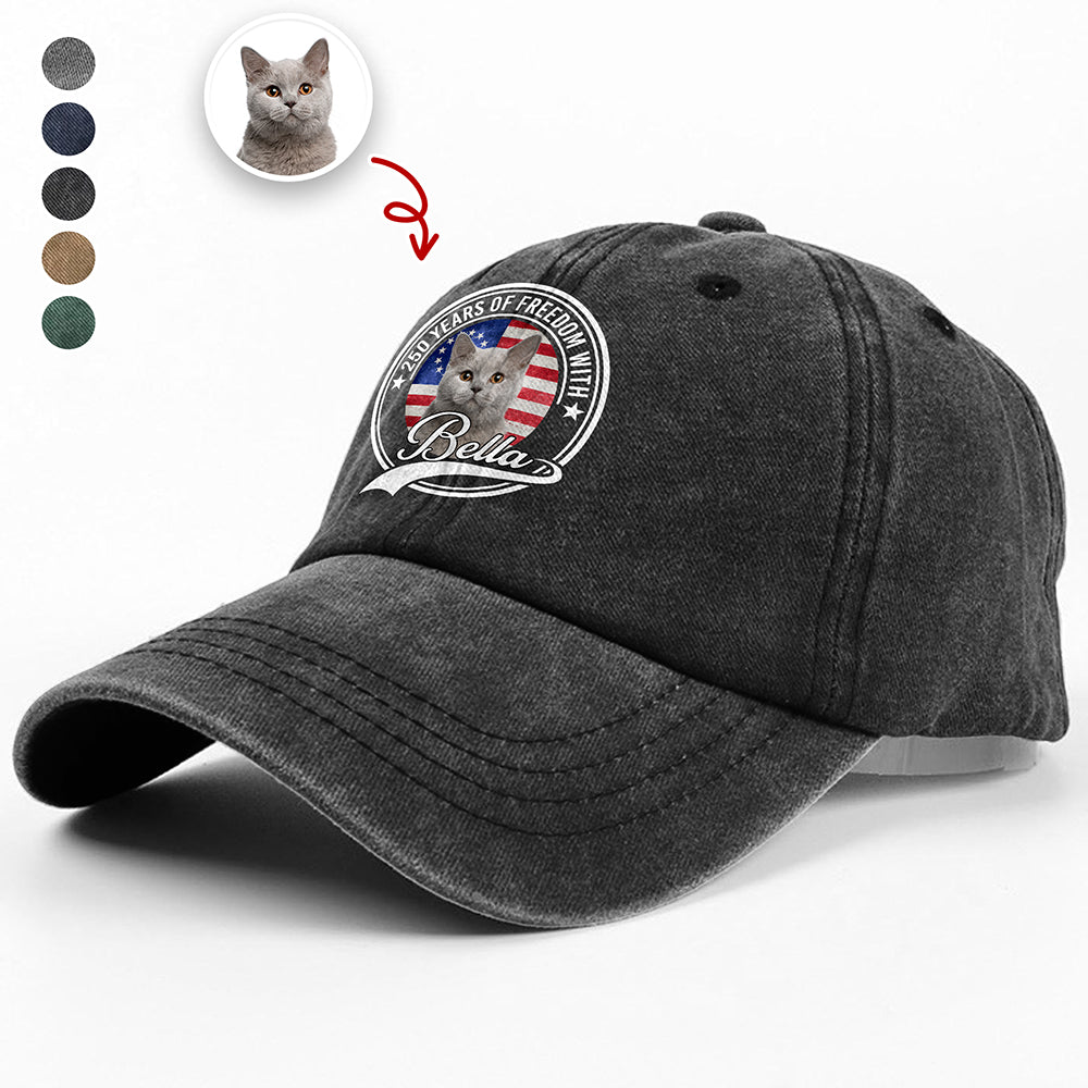 Custom Photo 250 Years Of Freedom With Dog Cat Washed Denim Baseball Cap HO82 894658 - Image 4