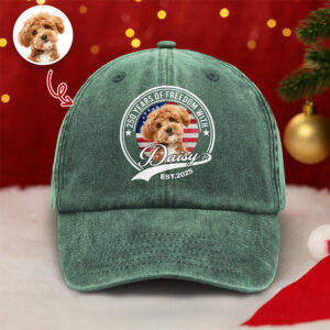 Alternative view of Custom Photo 250 Years Of Freedom With Dog Cat Washed Denim Baseball Cap HO82 894658
