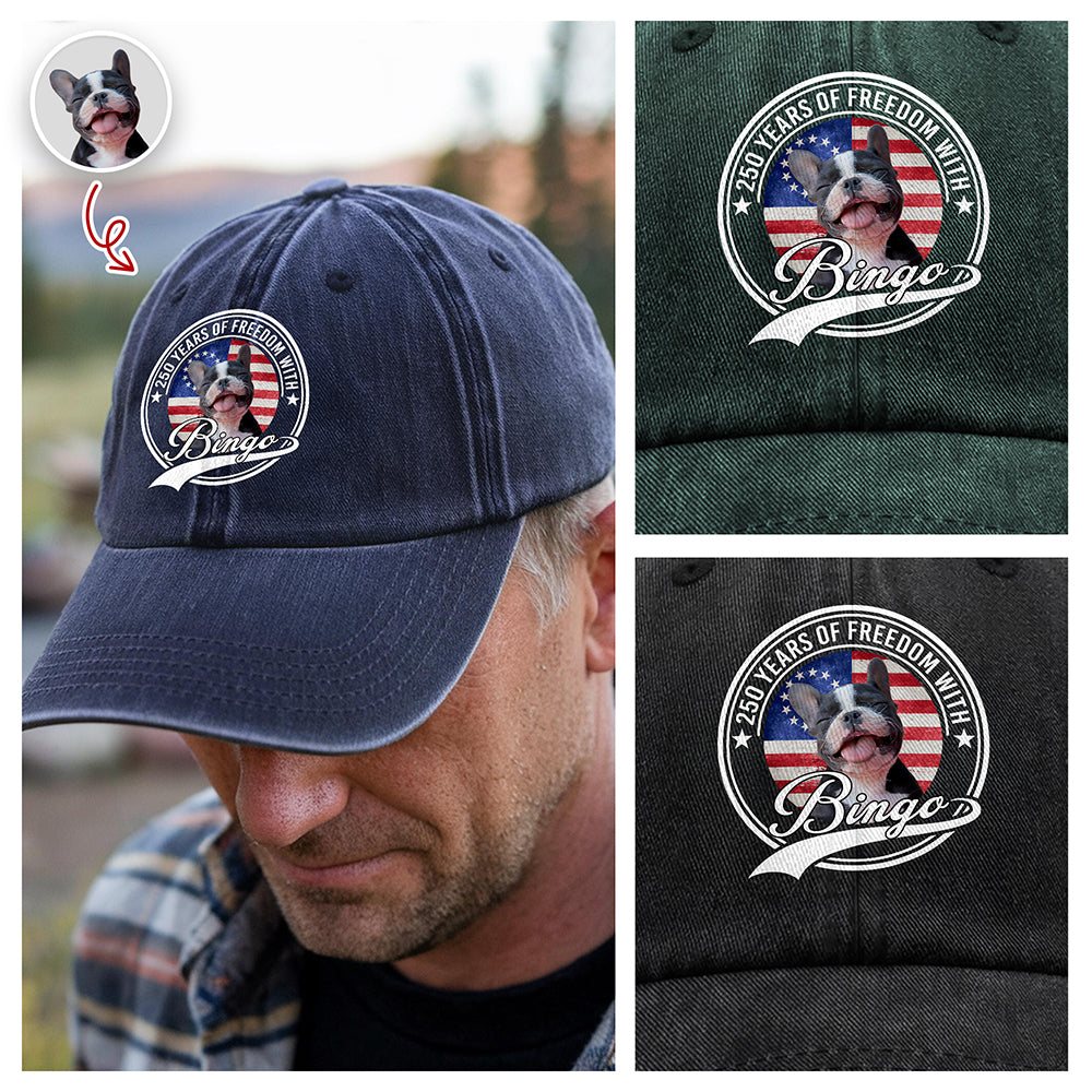 Custom Photo 250 Years Of Freedom With Dog Cat Washed Denim Baseball Cap HO82 894658 - Image 5