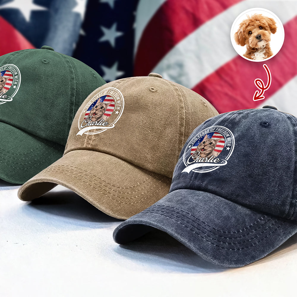 Custom Photo 250 Years Of Freedom With Dog Cat Washed Denim Baseball Cap HO82 894658 - Image 3