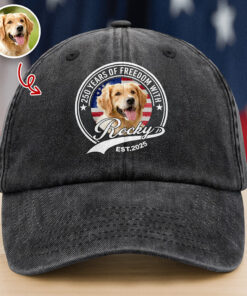Custom Photo 250 Years Of Freedom With Dog Cat Washed Denim Baseball Cap