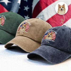 Alternative view of Custom Photo Even My Dogs Love America 250 Washed Denim Baseball Cap HO82 894720
