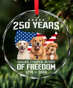 Custom Your Pet Photo Glass Ornament | 250 Years Of Freedom Ornament | Custom Dog Cat Photo Christmas Ornament