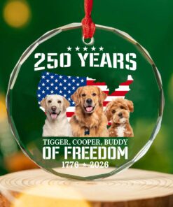 Alternative view of Custom Your Pet Photo Glass Ornament | 250 Years Of Freedom Ornament | Custom Dog Cat Photo Christmas Ornament
