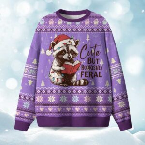 Cute But Bookishly Feral Christmas Ugly Sweater