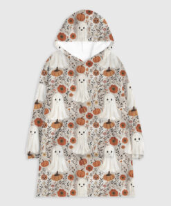Cute Ghosts And Pumpkins Halloween Flannel Blanket Hoodie