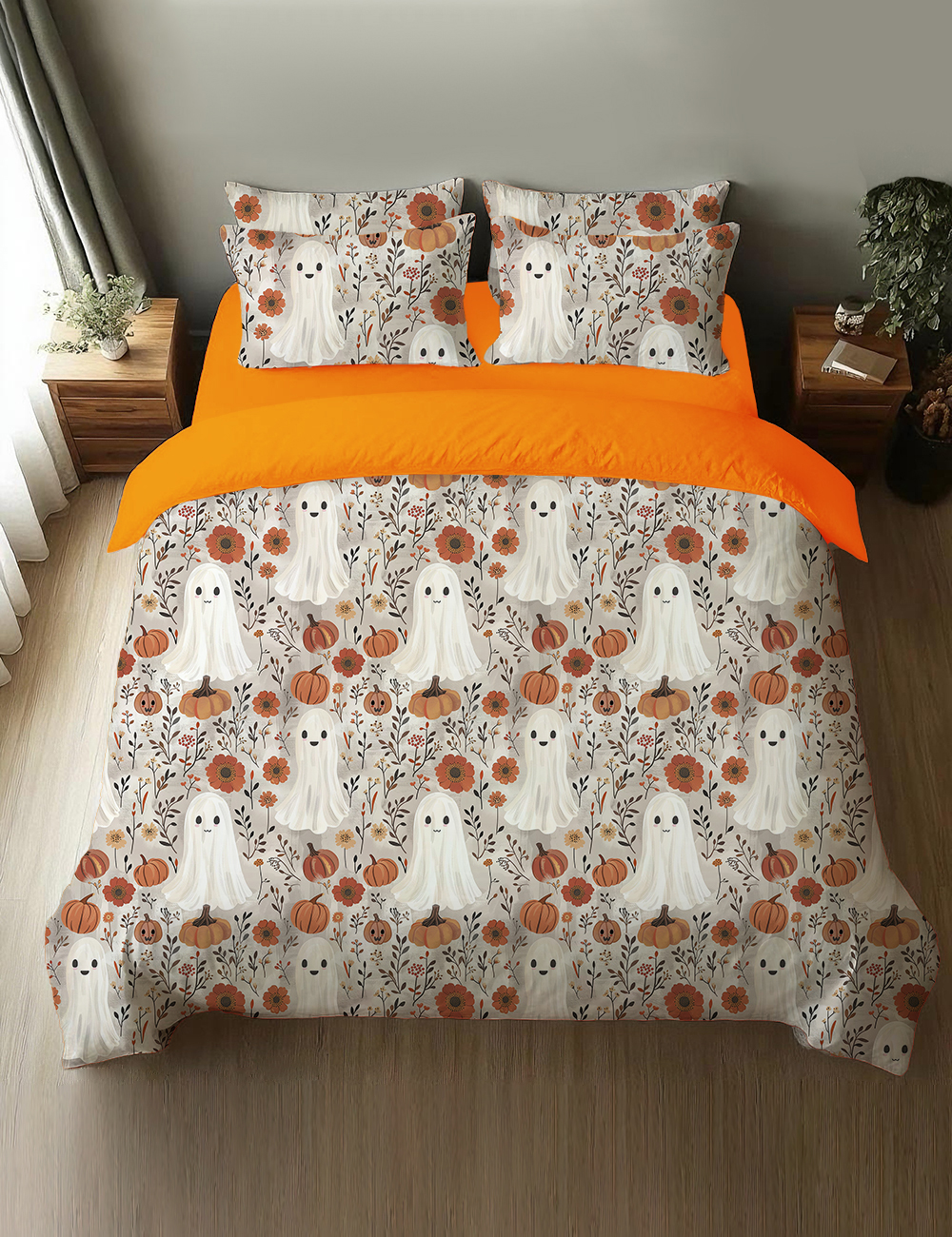 Cute Ghosts And Pumpkins Halloween Four-Piece Bedding Set