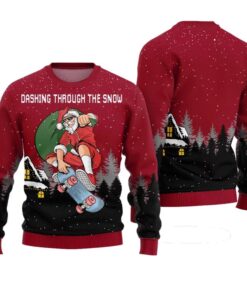 Dashing Through the Snow Skateboarding Santa Ugly Christmas Sweater 