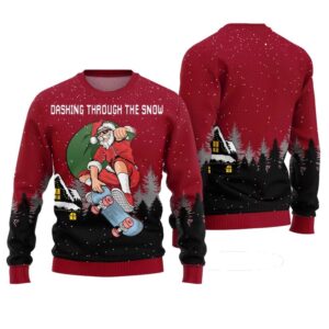 Dashing Through the Snow Skateboarding Santa Ugly Christmas Sweater - Grishko.com