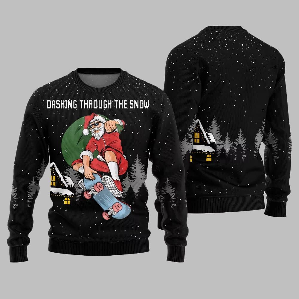 Dashing Through The Snow Skateboarding Santa Ugly Sweater 2025 Christmas - Grishko.com