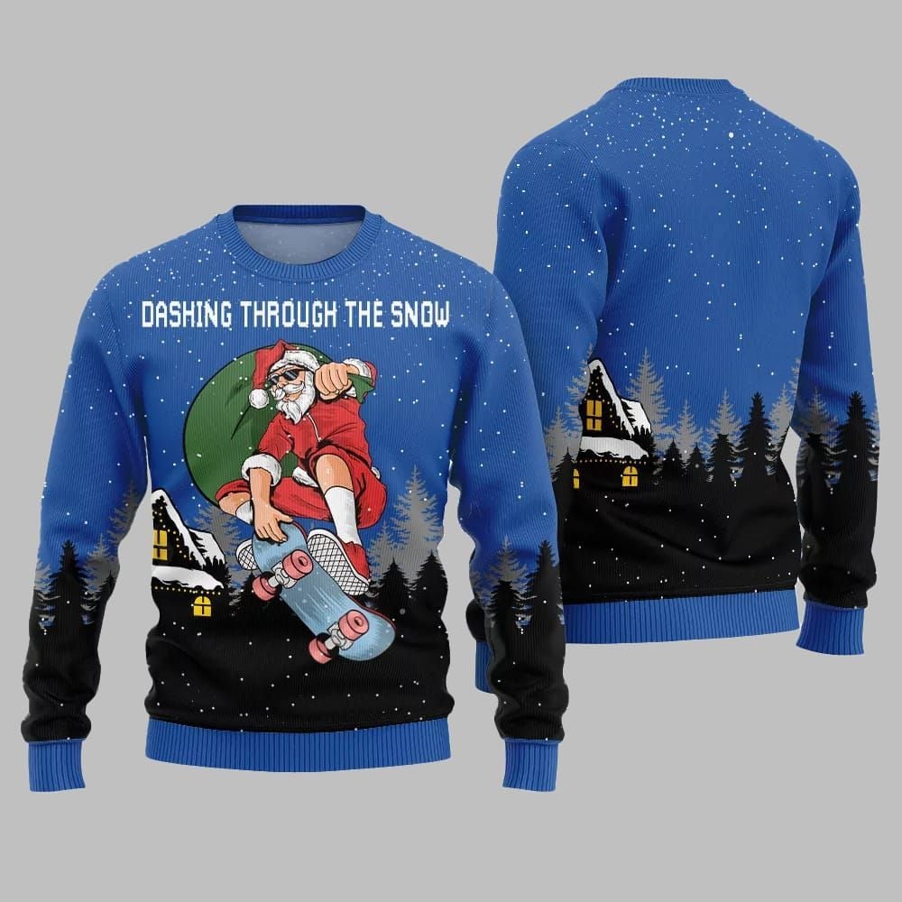 Alternative view of Dashing Through The Snow Skateboarding Santa Ugly Sweater 2025 Christmas - Grishko.com